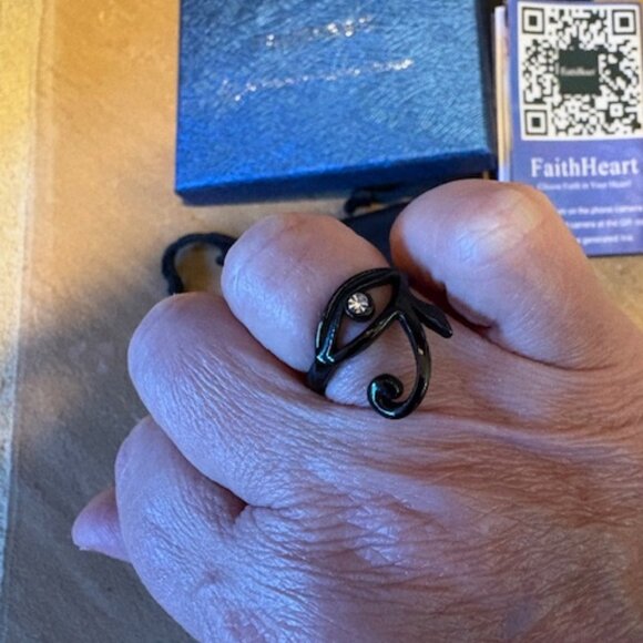 New FaithHeart Eye of Horus Egypt Gunmetal Ring with Gift Box, Pouch Size 7 - Picture 3 of 5